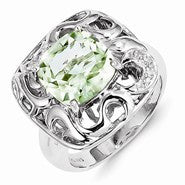 Sterling Silver Green Quartz and Diamond Ring