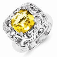 Sterling Silver Whiskey Quartz and Diamond Ring