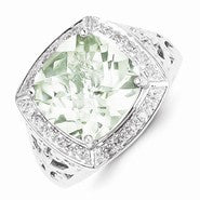 Sterling Silver Green Quartz and Diamond Ring