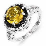 Sterling Silver Whiskey Quartz and Black Diamond Ring