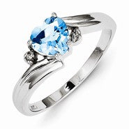 Sterling Silver w/Rhodium Plated Diamond and Light Swiss Blue Topaz Heart Ring