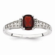 Sterling Silver w/Rhodium Plated Diamond and Garnet Cushion Ring