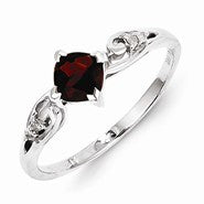 Sterling Silver w/Rhodium Plated Diamond and Garnet Cushion Ring