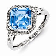 Sterling Silver Diamond & Light Swiss Blue Topaz Square Ring