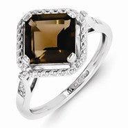Sterling Silver Diamond & Smoky Quartz Square Ring