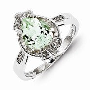 Sterling Silver Diamond & Green Amethyst Teardrop Ring