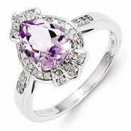 Sterling Silver Diamond & Pink Quartz Teardrop Ring