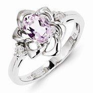 Sterling Silver Diamond & Pink Quartz Ring