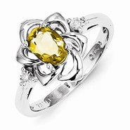 Sterling Silver Diamond & Whiskey Quartz Ring