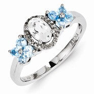 Sterling Silver with White Topaz, Blue Topaz, Diamond Ring