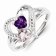 Sterling Silver Amethyst & Pink Quartz & Diamond Ring
