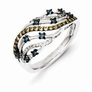 Sterling Silver Fancy Swirl Design White, Champagne & Blue Diamond Ring