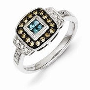 Sterling Silver Antiqued Square White, Champagne & Blue Diamond Ring