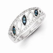 Sterling Silver w/Rhodium Plated Blue & White Diamond Ring