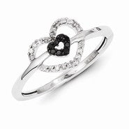 Sterling Silver with Black and White Diamond Double Heart Ring