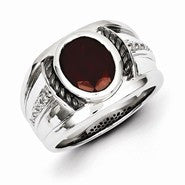 Sterling Silver Garnet & Diamond Oval Black Rhodium-plated Men's Ring