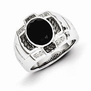 Sterling Silver Diamond & Onyx Oval Black Rhodium-plated Men's Ring