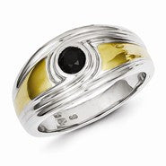 Sterling Silver with Gold Plating and Round Black Diamond Mens Ring
