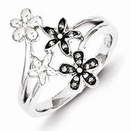 Sterling Silver Diamond Black Rhodium-plated Flowers Ring