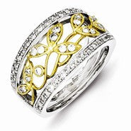 Sterling Silver & Flash Gold Plated Diamond Leaves Ring