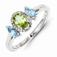 Sterling Silver with, Peridot, Blue Topaz & Diamond Ring