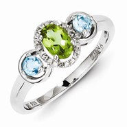 Sterling Silver with, Peridot, Blue Topaz & Diamond Ring