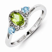 Sterling Silver with, Peridot, Blue Topaz & Diamond Ring