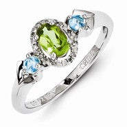 Sterling Silver with, Peridot, Blue Topaz & Diamond Ring