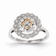 Sterling Silver w/Rhodium Plated & 14k Rose Gold Diamond Round Ring