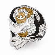 Sterling Silver with CZ and Gold/Black/White Enameled Domed Ring