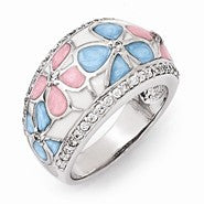 Sterling Silver CZ Pink/White/Blue Enameled Flower Domed Ring