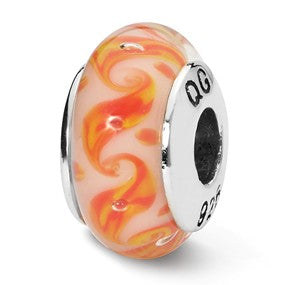 Sterling Silver White/Orange Swirls Hand-blown Glass Bead Charm hide-image