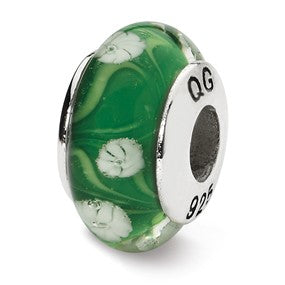 Sterling Silver Green/White Floral Hand-blown Glass Bead Charm hide-image