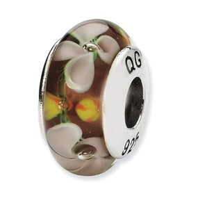 Sterling Silver White/Orange Floral Hand-blown Glass Bead Charm hide-image