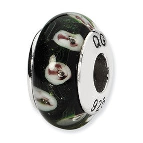 Sterling Silver Black/Purple Floral Hand-blown Glass Bead Charm hide-image