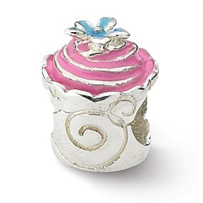 Sterling Silver Pink Enameled Cupcake Bead Charm hide-image