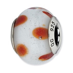 Sterling Silver White w/Orange Dots Italian Murano Bead Charm hide-image