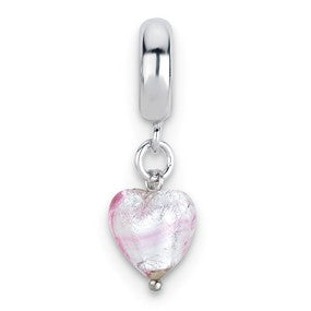 Sterling Silver Pink Heart Italian Murano Dangle Bead Charm hide-image