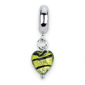 Sterling Silver Heart Lime Stripe Ital Murano Dangle Bead Charm hide-image