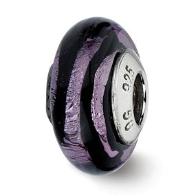 Sterling Silver Purple/Black Stripes Italian Murano Bead Charm hide-image