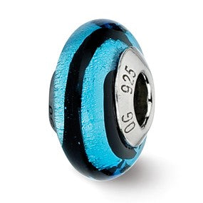 Sterling Silver Blue/Black Stripes Italian Murano Bead Charm hide-image