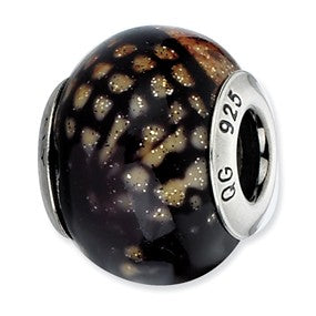 Sterling Silver Dk Brn & Black Glitter Overlay Glass Bead Charm hide-image