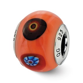 Sterling Silver Italian Orange w/Decorative Accents Glass Bead Charm hide-image