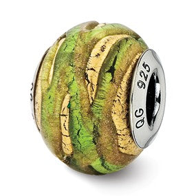 Sterling Silver Italian Light Green & Gold Colored Glass Bead Charm hide-image