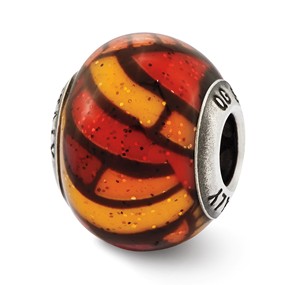 Sterling Silver Italian Orange Decorative Overlay Glass Bead Charm hide-image