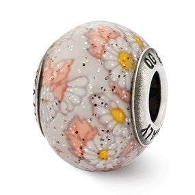 Sterling Silver Italian White Floral Decorative Overlay Glass B Charm hide-image