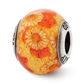 Sterling Silver Italian Orange Floral Decorative Overlay Glass Charm hide-image