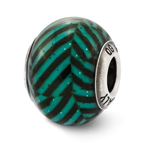 Sterling Silver Italian Teal Stripes w/Glitter Glass Bead Charm hide-image