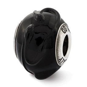 Sterling Silver Italian Black w/Textured Lines Glass Bead Charm hide-image
