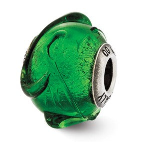 Sterling Silver Italian Green w/Textured Lines Glass Bead Charm hide-image